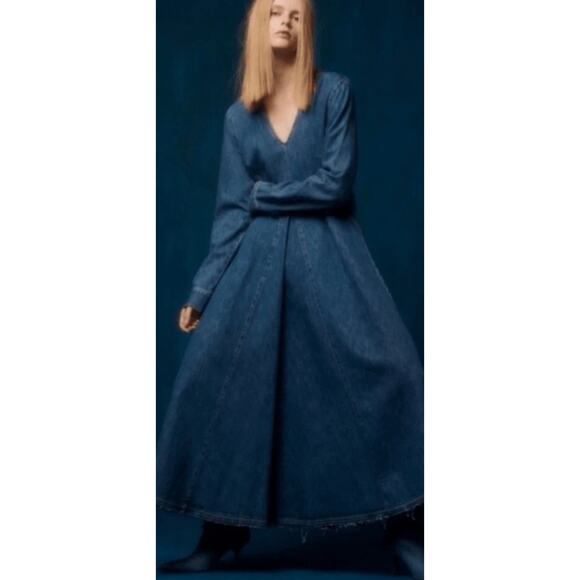Zara Dresses & Skirts - NWT ZARA The Tilda Denim Dress Size L Retro V Neck MIDI Jean